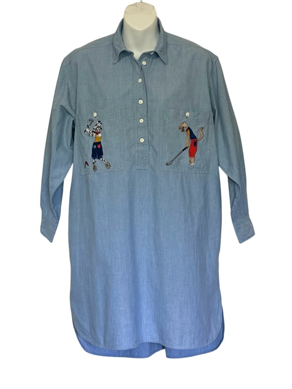 Vintage Erika Taylor Sport Chambray Shirt Dress with Golf Theme Embroidery